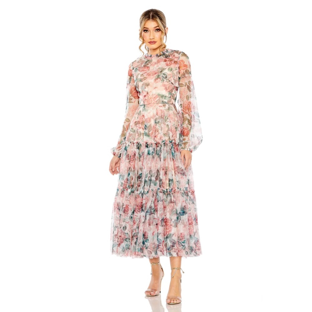 Mac Duggal LONG SLEEVE HIGH NECK LONG BALLOON SLEEVE MIDI DRESS Gown